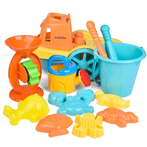 FUN LITTLE TOYS Kids Beach Sand Toy Set, Beach Boat, Bucket, Watering Can, Shovel, Rake, Kids Outdoor Toys Sandbox Toys 12 Piece