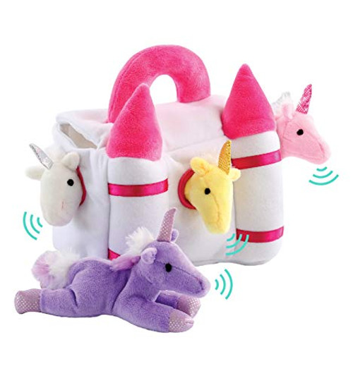 Magical Unicorns and Castle Play Set with Sounds, 5 Piece Small Unicorn Stuffed Animals Plus Magical Castle Carrier with Handle, Fun Interactive Toys Magical Unicorns and Castle Play Set with Sounds, 5 Piece Small Unicorn Stuffed Animals Plus Magical Castle Carrier with Handle, Fun Interactive Toys