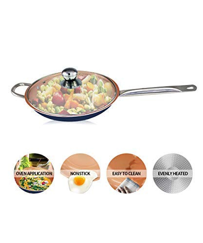 12 inches Non Stick Copper coated Ceramic Induction compatible Cooking Frying Pan with Glass Lid Dishwasher & Oven safe (Navy Blue)