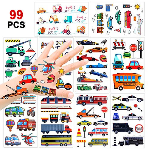 Konsait 99PCS Vehicles Temporary Tattoos Car Tattoos Transportation Fake Tattoo Stickers for Kids Children Girls Boys Party Favors Supplies Kids Birthday Party Bag Filler Rewards