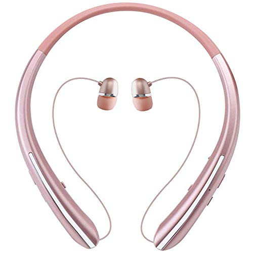 Bluetooth Retractable Headphones, Wireless Earbuds Neckband Headset Sports Noise Cancelling Stereo Earphones with Mic (12 Hrs Playtime, Call Vibrate Alert, Rose)