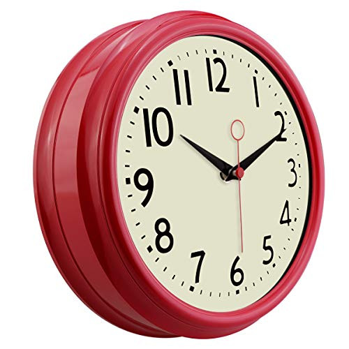 Lumuasky Retro Wall Clock 9.5 Inch Red Kitchen 50's Vintage Design Round Silent Non Ticking Battery Operated Quality Quartz Clock