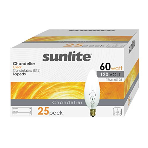 Sunlite K60CTC/25PK 60W Incandescent Torpedo Tip Chandelier Crystal Clear Light Bulb with Candelabra (E12) Base (25 Pack)