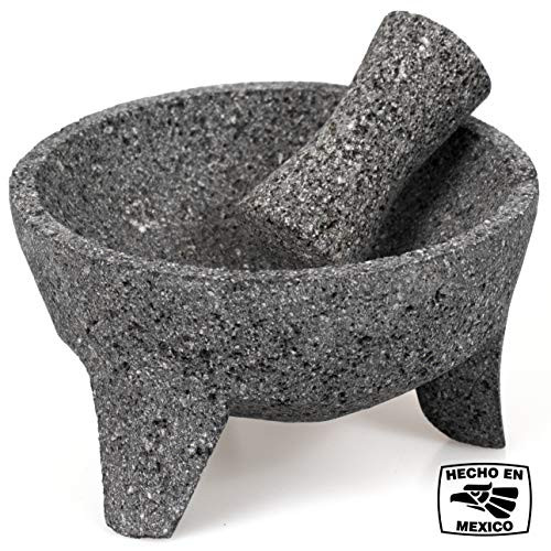 Genuine Handmade Mexican Mortar and Pestle, Molcajete de Piedra Volcanica Mexicana, Perfect for Homemade Salsas, Guacamole, and other Molcajete Plates | Made in Mexico (8 IN)