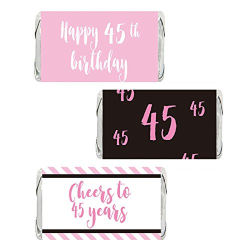 Pink 45th Birthday Miniatures Candy Bar Wrapper Stickers, Party Favor Labels, 54 Count