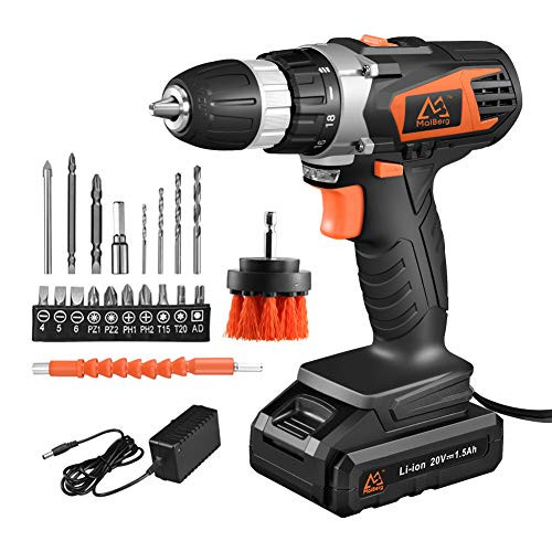 MAIBERG Cordless Drill Driver Set, 20V Power Lithium Ion Battery Drill with 3/8 inches Keyless Chuck, Variable Speed, Built-in LED, 18 Position and 20pcs Driver Drill Bits