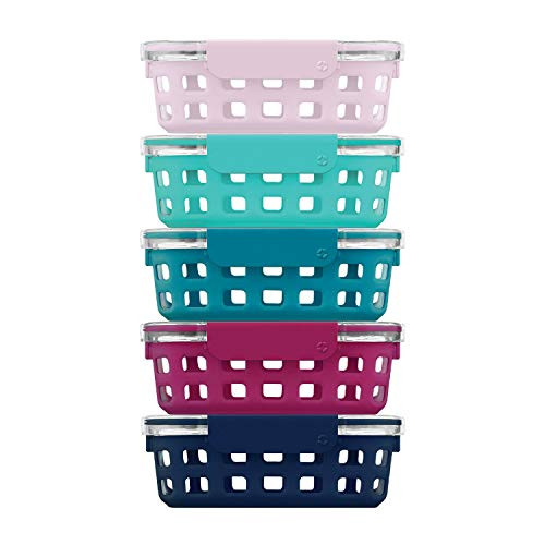 Ello Duraglass Glass Food Storage Meal Prep Containers - Glass Food Storage Meal Prep Bowls with Silicone Sleeve and Airtight Lids, 10 Piece 5 Pack, Evening Orchard, 3.4 Cups