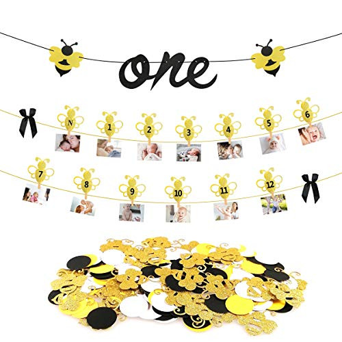 Bumble Bee Party Supplies, Bumble Bee Monthly Photo Banner First Year Photo Banner First Birthday Photo Banner 12 Month Bee Photo Banner and Black White Yellow Circle Confetti for Bee Baby Shower 1st Birthday Decorations
