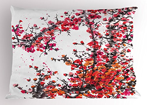 Lunarable Japanese Pillow Sham, Japanese Cherry Blossoms in Watercolor Brush Style Eastern Vibrant Oriental Art, Decorative Standard Size Printed Pillowcase, 26" X 20", Orange Red Lunarable Japanese Pillow Sham, Japanese Cherry Blossoms in Watercolor Brush Style Eastern Vibrant Oriental Art, Decorative Standard Size Printed Pillowcase, 26" X 20", Orange Red