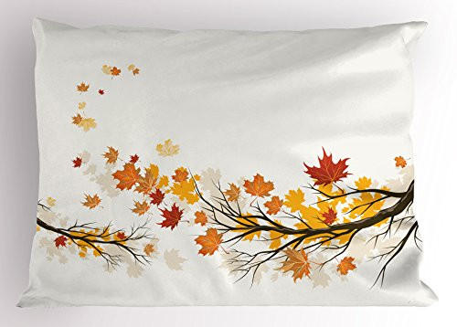 Lunarable Fall Pillow Sham, Seasonal Tree Branches with Pale Colors September Foliage with Warm Leaves Print, Decorative Standard Size Printed Pillowcase, 26" X 20", Brown Orange