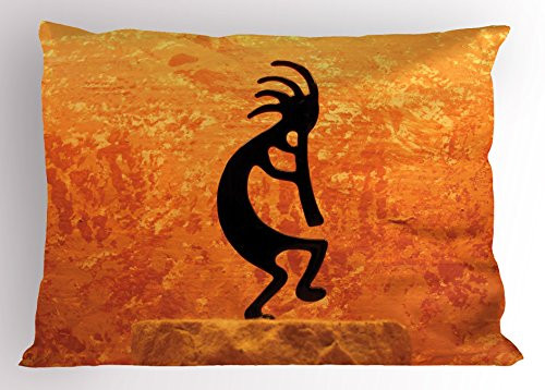 Ambesonne Kokopelli Pillow Sham, Kokopelli Southwestern Style Eastern Picture Art, Decorative Standard Size Printed Pillowcase, 26" X 20", Orange Black