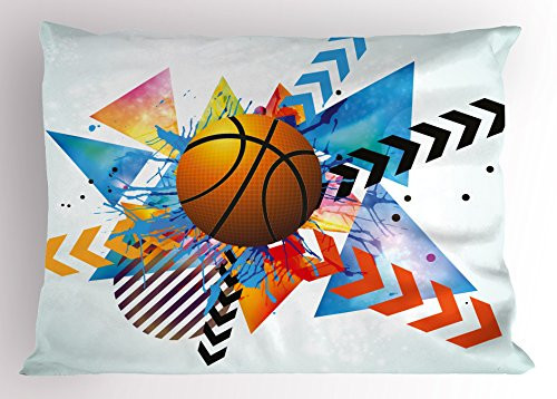 Ambesonne Teen Room Pillow Sham, Basketball in Front of Zigzag Circular Geometric Minimalist Forms Graphic Print, Decorative Standard Size Printed Pillowcase, 26" X 20", Orange Blue