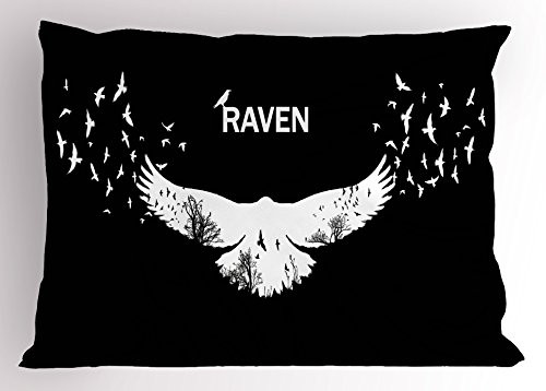 Printawe Raven Pillow Sham, Illustration of a White Raven Silhouette Fluttering Wings and Wildlife Scenery, Decorative Standard Queen Size Printed Pillowcase, 30" X 20", White Black