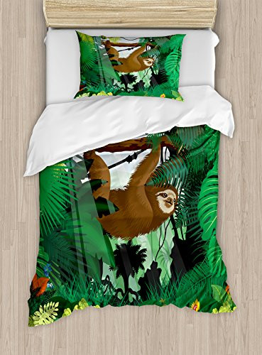 Ambesonne Sloth Duvet Cover Set, Vibrant Exotic Rainforest with Various Plants and Sloth Hanging on a Tree Wildlife, Decorative 2 Piece Bedding Set with 1 Pillow Sham, Twin Size, Green Brown