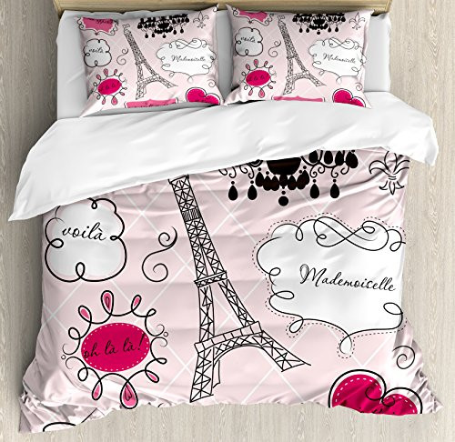 Ambesonne Teen Room Duvet Cover Set, Doodle Frames in French Style Rococo Baroque Lantern Mademoiselle Print, Decorative 3 Piece Bedding Set with 2 Pillow Shams, Queen Size, Pink Black