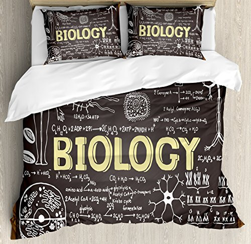 Ambesonne Educational Duvet Cover Set, Black Chalkboard Biology Hand Written School Classroom, Decorative 3 Piece Bedding Set with 2 Pillow Shams, Queen Size, Black Brown