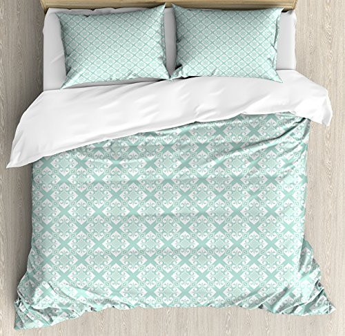 Ambesonne Teal and White Duvet Cover Set, Old Fashioned Abstract Mosaic Design Elements with Floral Details, Decorative 3 Piece Bedding Set with 2 Pillow Shams, Queen Size, Mint White