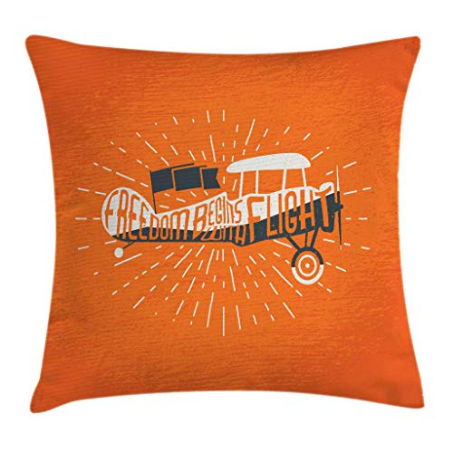 Ambesonne Vintage Throw Pillow Cushion Cover, Freedom Phrase with an Old Custom Airplane Sky Fly Inspiration Aviation Graphic Artwork, Decorative Square Accent Pillow Case, 24" X 24", Orange
