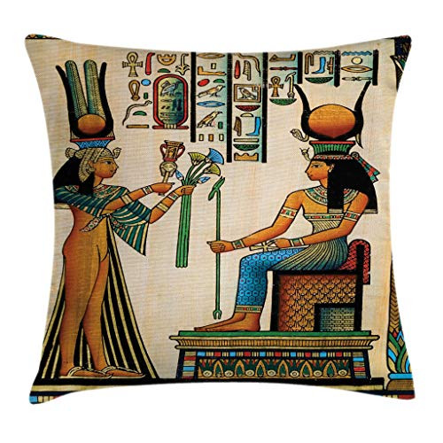 Ambesonne Egyptian Print Throw Pillow Cushion Cover, Old Papyrus Depicting Queen Nefertari Historical Empire Artwork, Decorative Square Accent Pillow Case, 24" X 24", Beige Orange