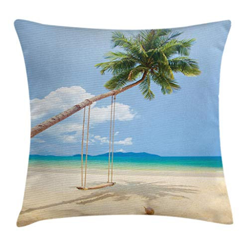 Ambesonne Ocean Throw Pillow Cushion Cover, Photo of a Tropical Island with Coconuts Palm Trees and Swing Beach Exotic, Decorative Square Accent Pillow Case, 18" X 18", Cream Green