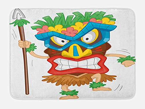Ambesonne Tiki Bar Bath Mat, Native Man Wearing a Illustration Cartoon Tribal Costume Prehistoric, Plush Bathroom Decor Mat with Non Slip Backing, 29.5" X 17.5", Brown Coral