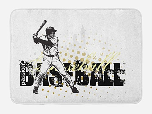 Ambesonne Baseball Bath Mat, Softball Background Dots and Grunge Dark Lettering Batting Team Game, Plush Bathroom Decor Mat with Non Slip Backing, 29.5" X 17.5", Black Yellow