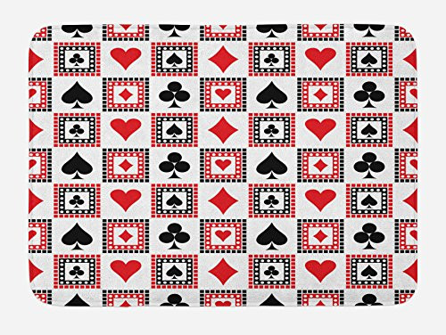 Ambesonne Casino Bath Mat, Playings Cards Clubs Hearts Symmetrical Geometric Repeating Ornamental, Plush Bathroom Decor Mat with Non Slip Backing, 29.5" X 17.5", Scarlet Black