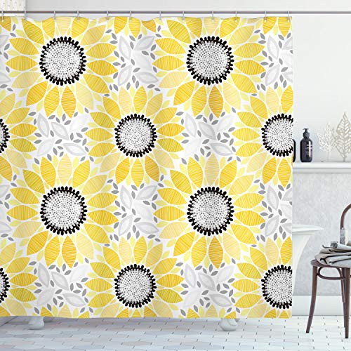Ambesonne Yellow Shower Curtain, Colorful Illustration of Sun Flower with Motifs and Patterns Summer Nature Artprint, Cloth Fabric Bathroom Decor Set with Hooks, 75" Long, Yellow Gray