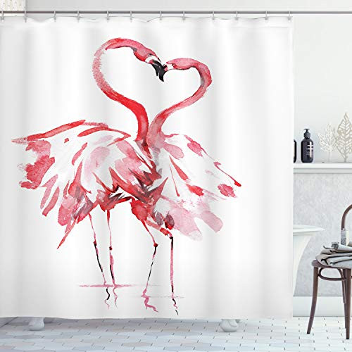 Ambesonne Flamingo Shower Curtain, Flamingo Couple Kissing Romance Passion Partners in Love Watercolor Effect, Cloth Fabric Bathroom Decor Set with Hooks, 70" Long, Coral White