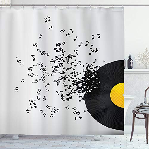 Ambesonne Music Shower Curtain, Abstract Design Flying Music Notes Disc Album Dancing Nightclub Print, Cloth Fabric Bathroom Decor Set with Hooks, 84" Long Extra, Ivory Black