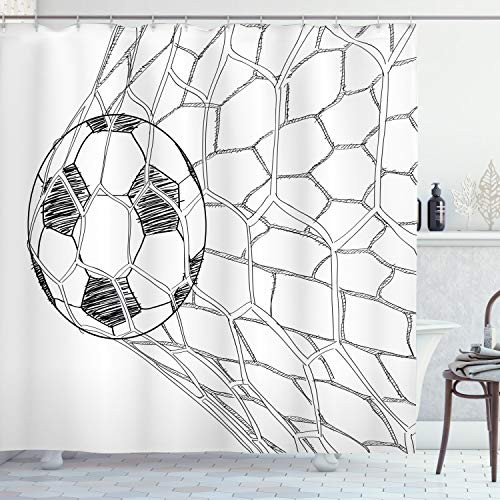 Ambesonne Soccer Shower Curtain, Soccer Ball in Net Goaly Position Sports Competition Spectators Hand Drawn Style, Cloth Fabric Bathroom Decor Set with Hooks, 75" Long, White and Black