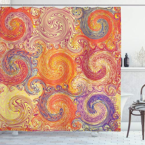 Ambesonne Grunge Shower Curtain, Grunge Swirl Patterns Brush Style Waterpool Waves Nested Colors Boho Marbling Art, Cloth Fabric Bathroom Decor Set with Hooks, 75" Long, Yellow Orange