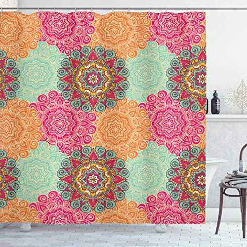 Ambesonne Mandala Shower Curtain, Antique Mandala Patterns Circles in Vintage Colors Native Tribal Ornamental, Cloth Fabric Bathroom Decor Set with Hooks, 75" Long, Fuchsia Orange