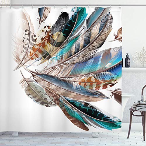 Ambesonne Feathers Shower Curtain, Vaned Types and Natal Contour Flight Bird Feathers and Animal Skin Element Print, Cloth Fabric Bathroom Decor Set with Hooks, 84" Long Extra, Teal Brown
