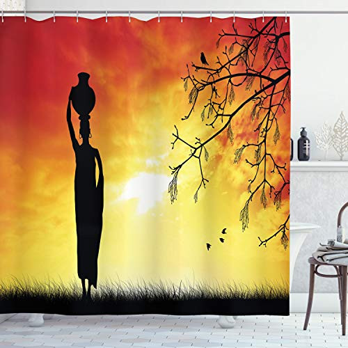 Ambesonne African Shower Curtain, Silhouette of a Local Lady with Pot on The Head at Sunset Safari Illustration, Cloth Fabric Bathroom Decor Set with Hooks, 70" Long, Black Orange Ambesonne African Shower Curtain, Silhouette of a Local Lady with Pot on The Head at Sunset Safari Illustration, Cloth Fabric Bathroom Decor Set with Hooks, 70" Long, Black Orange