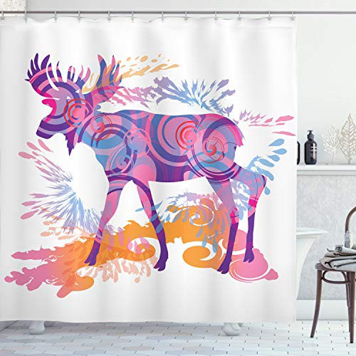 Ambesonne Moose Shower Curtain, Unusual Deer with Trippy Featured Color Effects Digital Vivid Display, Cloth Fabric Bathroom Decor Set with Hooks, 70" Long, Mauve Orange