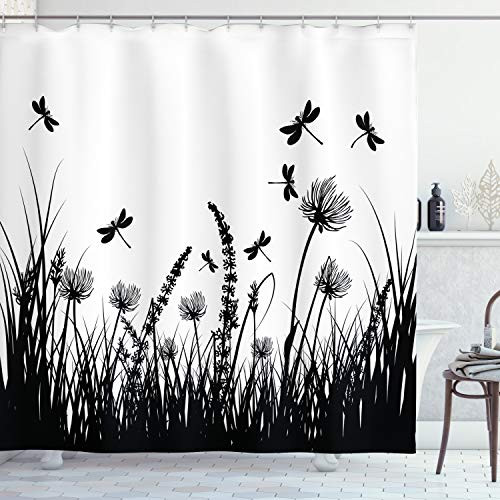 Ambesonne Nature Shower Curtain, Grass Bush Meadow Silhouette with Dragonflies Flying Spring Garden Plants Display, Cloth Fabric Bathroom Decor Set with Hooks, 70" Long, Black White Ambesonne Nature Shower Curtain, Grass Bush Meadow Silhouette with Dragonflies Flying Spring Garden Plants Display, Cloth Fabric Bathroom Decor Set with Hooks, 70" Long, Black White