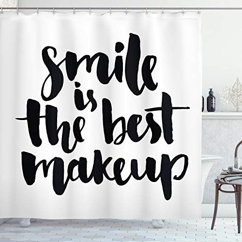 Ambesonne Saying Shower Curtain, Smile is The Best Makeup Inspirational Phrase Hand Written Daily Motivations, Cloth Fabric Bathroom Decor Set with Hooks, 75" Long, Black and White