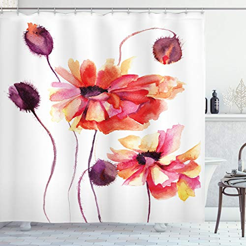Ambesonne Floral Shower Curtain, Watercolor Painting Poppy Flowers and Buds Spring Nature Design, Cloth Fabric Bathroom Decor Set with Hooks, 75" Long, Peach Scarlet