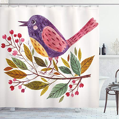 Ambesonne Leaf Shower Curtain, Watercolor Styled Effect a Bird Sitting on a Branch with Leaves Print, Cloth Fabric Bathroom Decor Set with Hooks, 70" Long, Fern Green