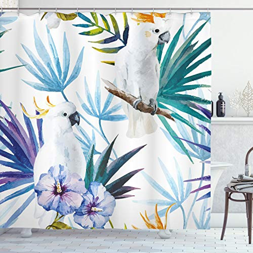 Ambesonne Tropical Shower Curtain, Watercolor White Parrot Birds on Palm Tree Branches Leaves Exotic Nature Artwork, Cloth Fabric Bathroom Decor Set with Hooks, 84" Long Extra, White Blue