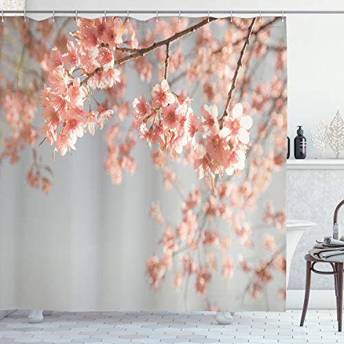 Ambesonne Peach Shower Curtain, Japanese Scenery Sakura Tree Cherry Blossom Nature Photography Coming of Spring, Cloth Fabric Bathroom Decor Set with Hooks, 70" Long, Bluegrey Coral