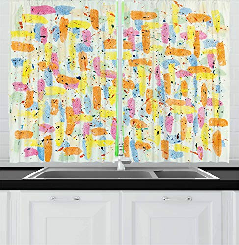 Ambesonne Abstract Kitchen Curtains, Paint Blobs and Drips Pattern Watercolor Composition with Grunge Effect, Window Drapes 2 Panel Set for Kitchen Cafe Decor, 55" X 39", Yellow Orange