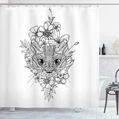 Ambesonne Cat Shower Curtain, Abstract Hand Drawn Image of a Cat with Elements from Many Cultures Flowers Lines, Cloth Fabric Bathroom Decor Set with Hooks, 75" Long, Black White