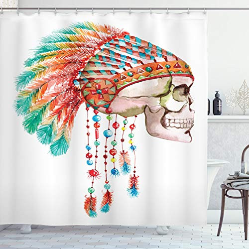 Ambesonne Native American Shower Curtain, Watercolor Graphic of a Skull with Tribal Ethnic Chief Feather Native Art, Fabric Bathroom Decor Set with Hooks, 70 Inches, Multicolor