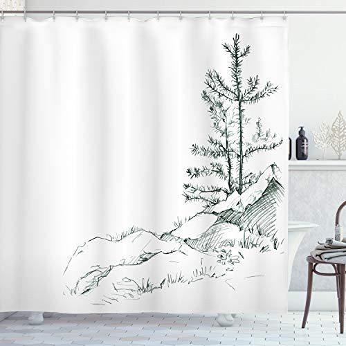 Ambesonne Sketchy Shower Curtain, Young Thin Pine Trees on Rocks Ecology Forest Park Habitat Landscape Sketch Print, Cloth Fabric Bathroom Decor Set with Hooks, 70" Long, White Black