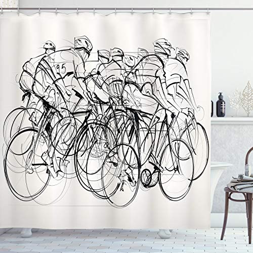 Ambesonne Sketchy Shower Curtain, Hand Drawn Design Image of Bike Riders Group of Cyclists in Race Artwork Print, Cloth Fabric Bathroom Decor Set with Hooks, 70" Long, Black and White