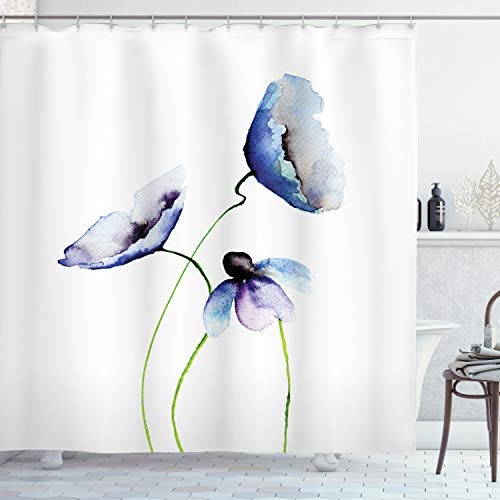 Ambesonne Watercolor Flower Shower Curtain, Abstract Poppies Blossoms Simple Composition Picture, Cloth Fabric Bathroom Decor Set with Hooks, 75" Long, Lavender Green
