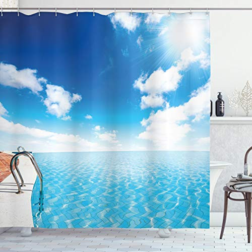 Ambesonne Summer Shower Curtain, Swimming Pool in Crystal Color Water Cloudy Sky Relaxing Holiday Image, Cloth Fabric Bathroom Decor Set with Hooks, 75" Long, Turquoise White