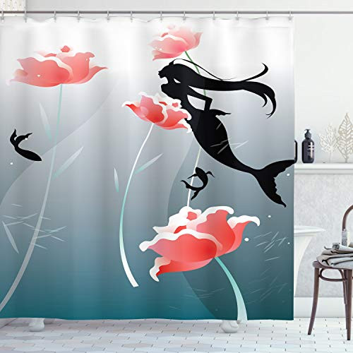 Ambesonne Underwater Shower Curtain, Mermaid Swimming Silhouette Underwater Flowers Blossoms Freedom Fantasies, Cloth Fabric Bathroom Decor Set with Hooks, 84" Long Extra, Black Coral